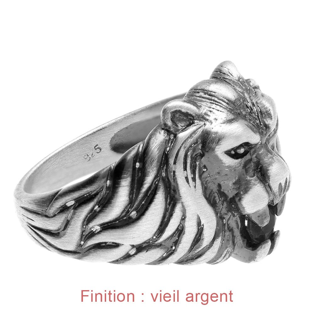 Chevali�re lion en argent gros mod�le avec oxyde noir entre les dents - Vue 5