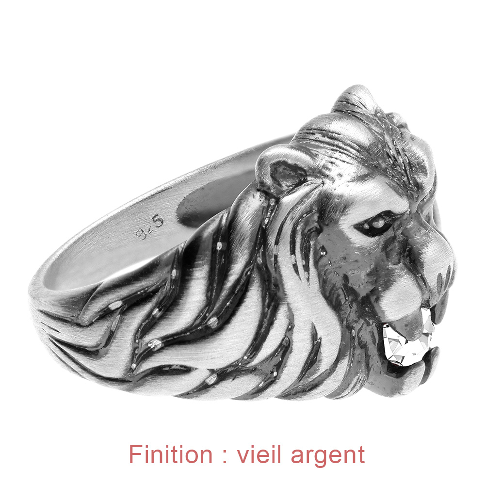 Chevali�re lion en argent gros mod�le avec oxyde blanc entre les dents - Vue 5