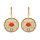 Boucles d'oreille pendantes en plaqu or rond suspendu avec motif fleur et pierre couleur corail et fermoir poussette