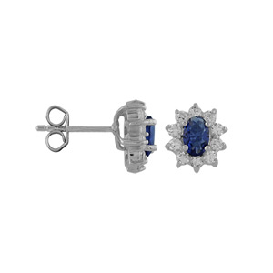 Boucles d\'oreilles en argent rhodi collection joaillerie oxyde bleu au centre et petits oxydes blancs autour et fermoir poussette - Vue 2