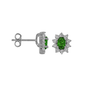 Boucles d\'oreilles en argent rhodi collection joaillerie oxyde vert au centre et petits oxydes blancs autour et fermoir avec poussette - Vue 2