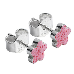 Boucles d\'oreilles pour enfant en argent fleur rose et points rouges - Vue 2