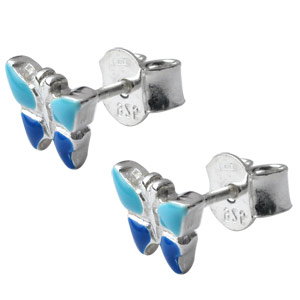 Boucles d\'oreilles pour enfant en argent papillon bleu et fermoir poussette - Vue 2