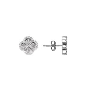 Boucles d\'oreille tige en argent rhodié trèfle sur fond diamanté avec contour d\'oxydes blancs - Vue 2