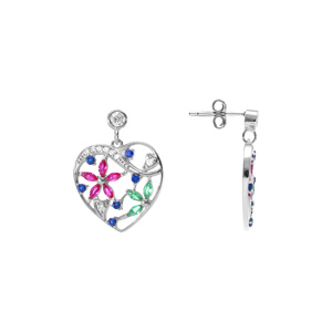 Boucles d\'oreille tige en argent rhodié coeur avec fleurs d\'oxydes multi couleurs - Vue 2