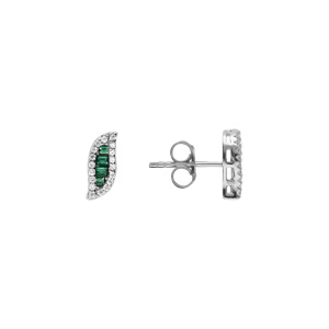 Boucles d\'oreille tige en argent rhodié forme navette oxyde centrale vert et contour oxydes blancs sertis - Vue 2