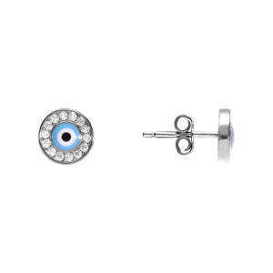 Boucles d\'oreille ronde tige en argent rhodié oeil de la chance avec oxydes blancs sertis - Vue 2