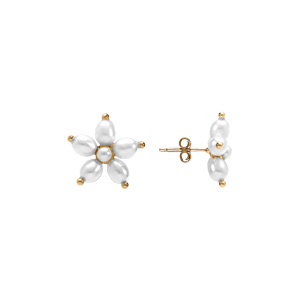 Boucles d\'oreille tige en argent doré fleur perles blanches imitation - Vue 2