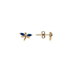 Boucles d\'oreille tige en argent doré libellule avec oxydes bleu foncé sertis - Vue 2