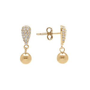Boucles d\'oreille en argent doré forme goutte pavée d\'oxydes blancs et boule lisse - Vue 2
