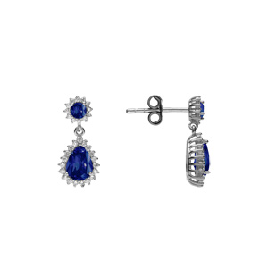 Boucles d\'oreille tige en argent rhodié pendentif goutte oxydes bleu et contour oxydes blancs sertis - Vue 2