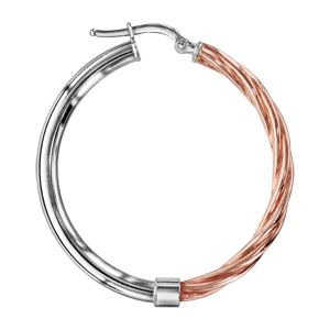 Créoles en Argent rhodié et dorure rose moitié rose torsadée diamètre 34mm - Vue 2