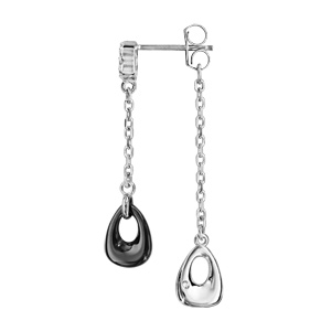 Boucles d\'oreilles pendantes en argent rhodié anneau en oxydes blanc serti retenant 2 chaînettes avec goutte évidée aux extrémités, 1 en céramique noire et l\'autre lisse et fermoir poussette - Vue 2