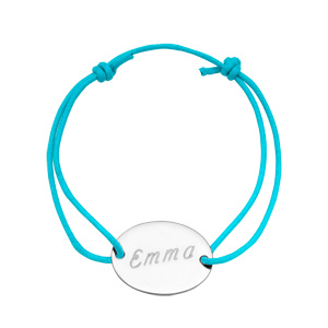 Bracelet en argent cordon coulissant bleu turquoise avec plaque ovale  graver - Vue 2