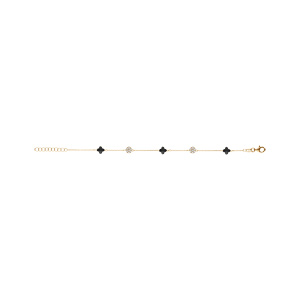 Bracelet en argent doré trèfle en verre noir et fleurs oxydes blancs 15.5+2.5cm - Vue 2