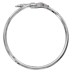 Bracelet jonc en argent rhodié avec aux extrémités tête et queue de serpent ornées d\'oxydes blancs sertis et yeux en oxydes rouges - Vue 2