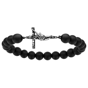 Bracelet extensible en argent croix rock patinée et brillante et perles en pierres de lave - Vue 2