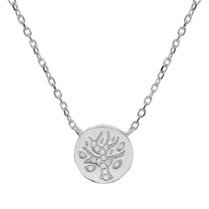 Collier en argent rhodi chane avec pendentif rond motif arbre de vie et oxydes blancs sertis 42+3cm - Vue 2