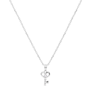 Collier en argent rhodi chane avec pendentif coeur et clefs avec oxydes blancs sertis 42+3cm - Vue 2