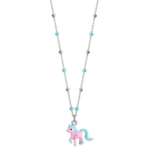 Collier en argent rhodi avec pendentif poney rose et bleu longueur 36+3cm - Vue 2