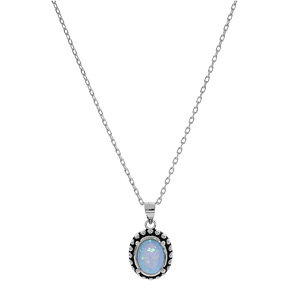 Collier en argent rhodi chane avec pendentif Opale bleue de synthse cercl de picot patin 44,5cm - Vue 2