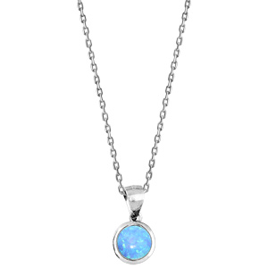 Collier en argent rhodi chane avec Pendentif opale de synthse bleue ronde 44,5cm - Vue 2