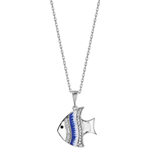 Collier en argent rhodi chane avec pendentif en forme de poisson haut bleu et oxydes blancs sertis longueur 40+5cm - Vue 2