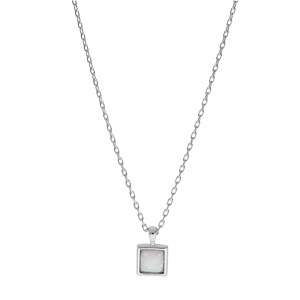 Collier en argent rhodi chane avec pendentif carr Opale blanche de synthse 44,5cm - Vue 2
