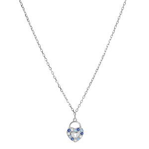 Collier en argent rhodi chane avec pendentif cadenas en forme de coeur et oxydes bleus 42+2+2cm - Vue 2