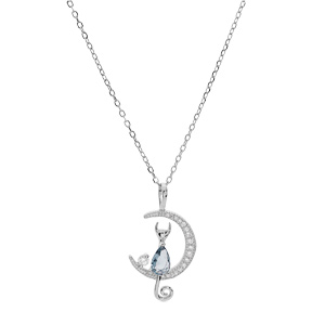 Collier en argent rhodi chane avec pendentif demi lune et chat en oxyde bleu 40+5cm - Vue 2