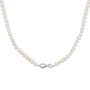 Collier en argent rhodié perles d\'eau douce avec pendentif infini oxydes blancs sertis longueur 43+4cm - Vue 2