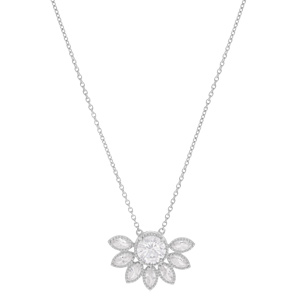 Collier en argent rhodi chane avec pendentif demi fleur pave d\'oxydes blancs sertis 42+3cm - Vue 2