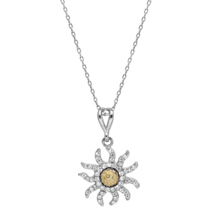 Collier en argent rhodi chane avec pendentif fleur de soleil orn d\'oxydes blancs et d\'un gros oxyde jaune  longueur 42+3cm - Vue 2