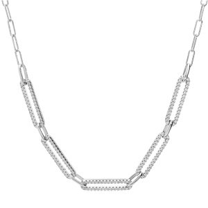 Collier en argent rhodi grands maillons rectangulaires sur le devant et oxydes blancs sertis 47+3cm - Vue 2