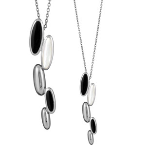 Collier argent rhodié pendentif dégradé nacre blanche et motif noir - 43cm reglable 40,5cm - Vue 2