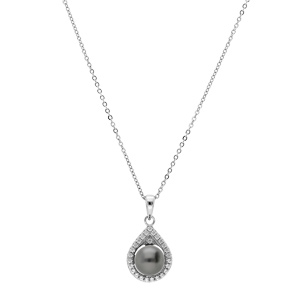 Collier en argent rhodi chane avec pendentif Perle de Tahiti vritable 8mm et contour oxydes blancs sertis 42+3cm - Vue 2