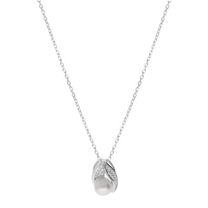 Collier en argent rhodi chane avec pendentif Perle de culture d\'eau douce blanche 8mm et oxydes blancs sertis 42+3cm - Vue 2