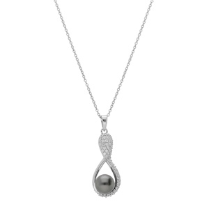 Collier en argent rhodichane avec  pendentif infini Perle de culture de Tahiti vritable 7mm et oxydes blancs sertis 42+3cm - Vue 2