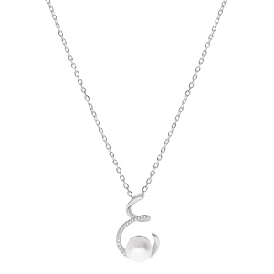 Collier en argent rhodi chane avec pendentif spirale et Perle de culture d\'eau douce blanche 9mm et oxydes blancs sertis 42+3cm - Vue 2
