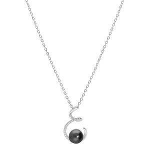 Collier en argent rhodi chane avec pendentif spirale et Perle de Tahiti vritable 7mm et oxydes blancs sertis 42+3cm - Vue 2