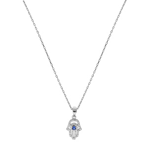 Collier en argent rhodi chane avec pendentif main de fatma et oxydes blancs et bleu 35+5cm - Vue 2