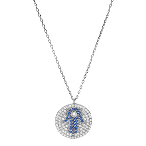 Collier en argent rhodi chane avec pendentif rond et main de fatma pav d\'oxydes blancs et bleus 40+5cm - Vue 2