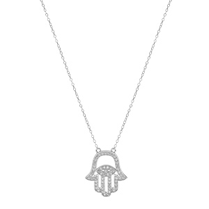 Collier en argent rhodi chane avec pendentif main de fatma et oxydes blancs 40,5+7cm - Vue 2