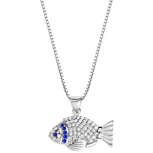 Collier en argent rhodié avec Pendentif poisson avec oxydes bleues et blancs 42+3cm - Vue 2