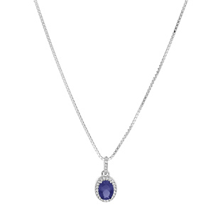Collier en argent rhodi chane avec pendentif pierre bleue suspendue sur barrette et contour oxydes blancs sertis 42+3cm - Vue 2