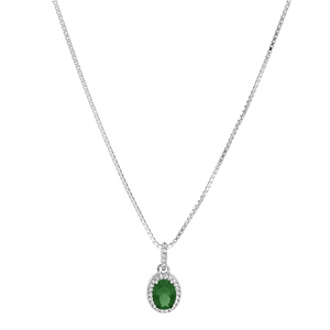 Collier en argent rhodi chane avec pendentif pierre verte suspendue sur barrette et contour oxydes blancs sertis 42+3cm - Vue 2