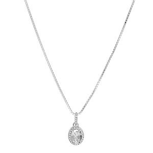 Collier en argent rhodi chane avec pendentif pierre blanche suspendue sur barrette et contour oxydes blancs sertis 42+3cm - Vue 2