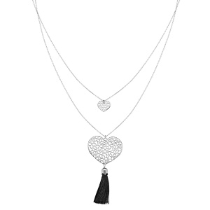 Collier en argent rhodié avec double chaîne Pendentif coeur ajouré avec pompon noir 42+3cm - Vue 2