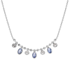 Collier en argent rhodié avec pampilles pierre ovale bleues et ronds d\'oxydes blancs 41+3cm - Vue 2