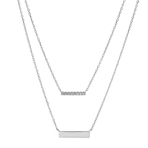 Collier en argent rhodi chane double avec pendentifs rectangulaire 1 avec oxydes blancs sertis et 1 lisse 40+5cm - Vue 2